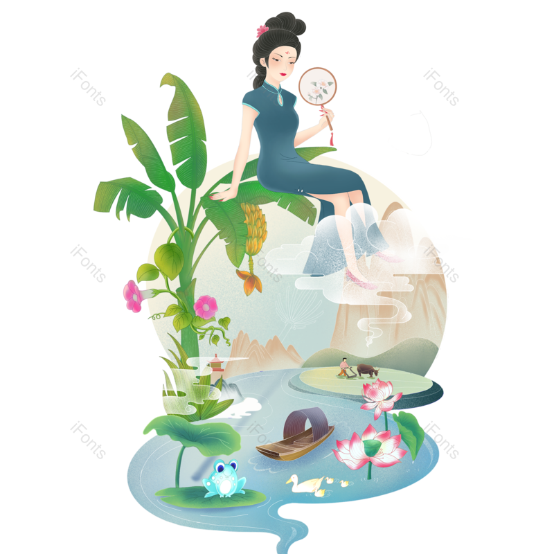 荷花图片,插画元素,山水PNG,夏日免抠素材